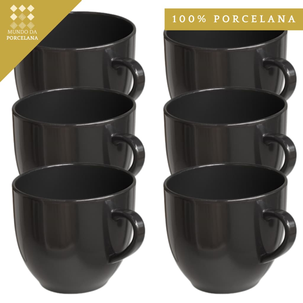 Jogo Xicara Café Chá Porcelana 170ml Preta Preto Chicara Grande 6 Unidades Casa Mesa Decoracao