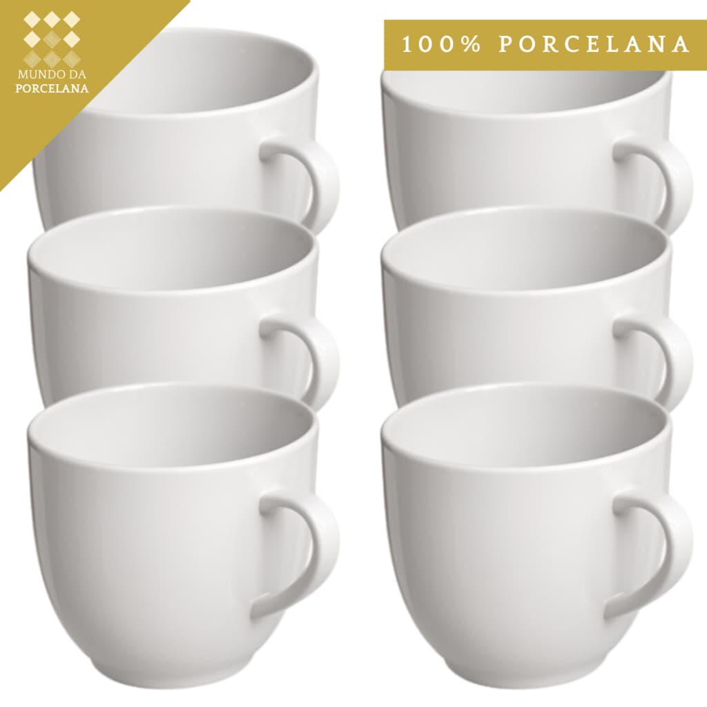 Jogo 6 Xicara Porcelana Branca Lisa Cha Cafe Leite 170ml Chicara Hotel Casa Cozinha