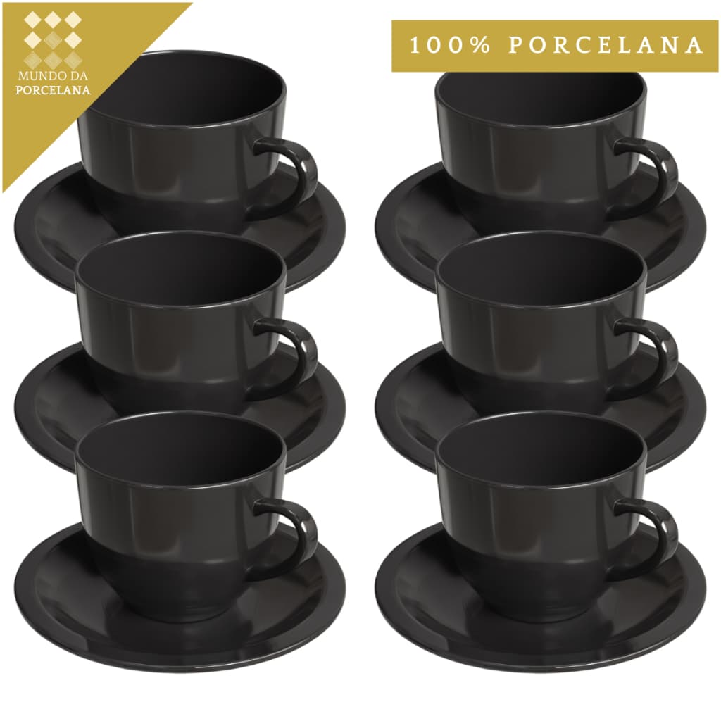 Jogo 6 Xicara Pires Café Chá Porcelana Preta 170ml Lar Decoração