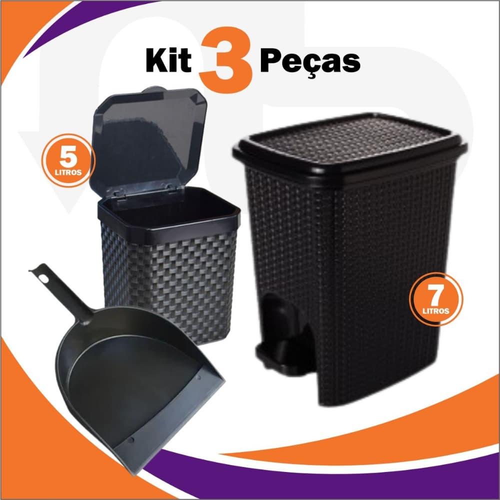 Kit Lixeira 7 Litros + Lixeira Pia 5 Litros + Pá para Lixo Plástico Casa Cozinha Multiuso