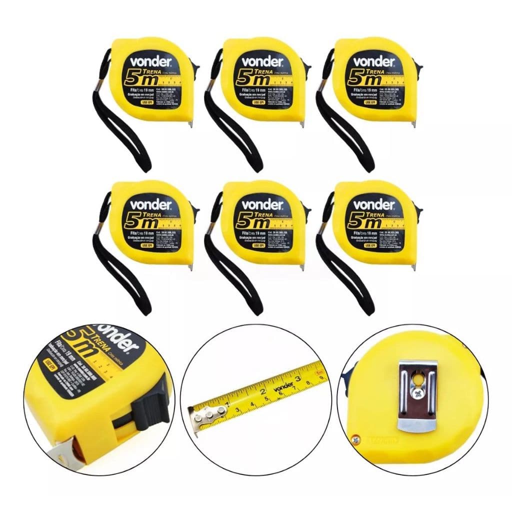 Kit com 6 Trenas Vonder 5m Aço 19mm Classe II Medição Precisão Profissional com Trava