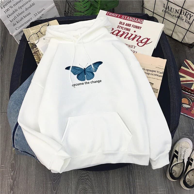 Moletom Feminino Become The Change Blusa De Frio Borboleta Azul Moleton Flanelado