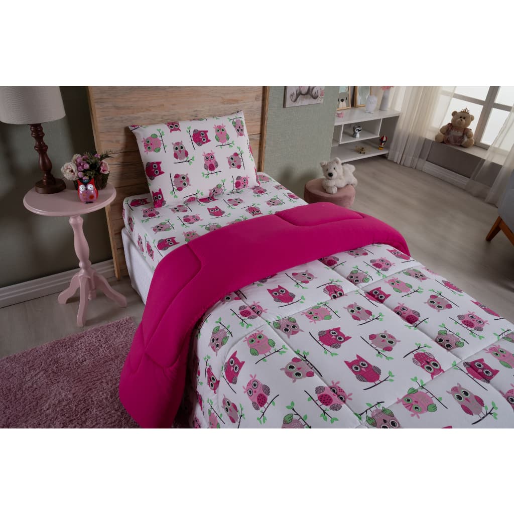 Kit Edredom Cama Solteiro Malha Estampado Com Jogo de Cama Solteiro 02 Peças Menina Quarto Pink Coruja Rosa