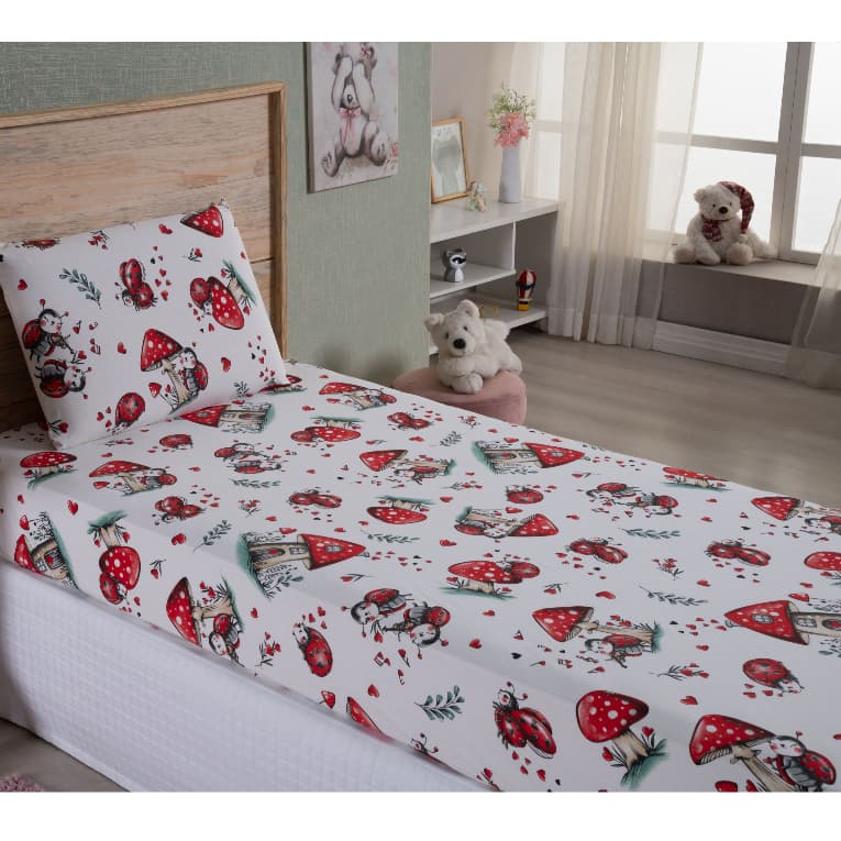 Jogo de Lençol Solteiro Malha 02 Peças Algodão Com Elástico Roupa de Cama Quarto Infantil Menina Vermelho Joaninha