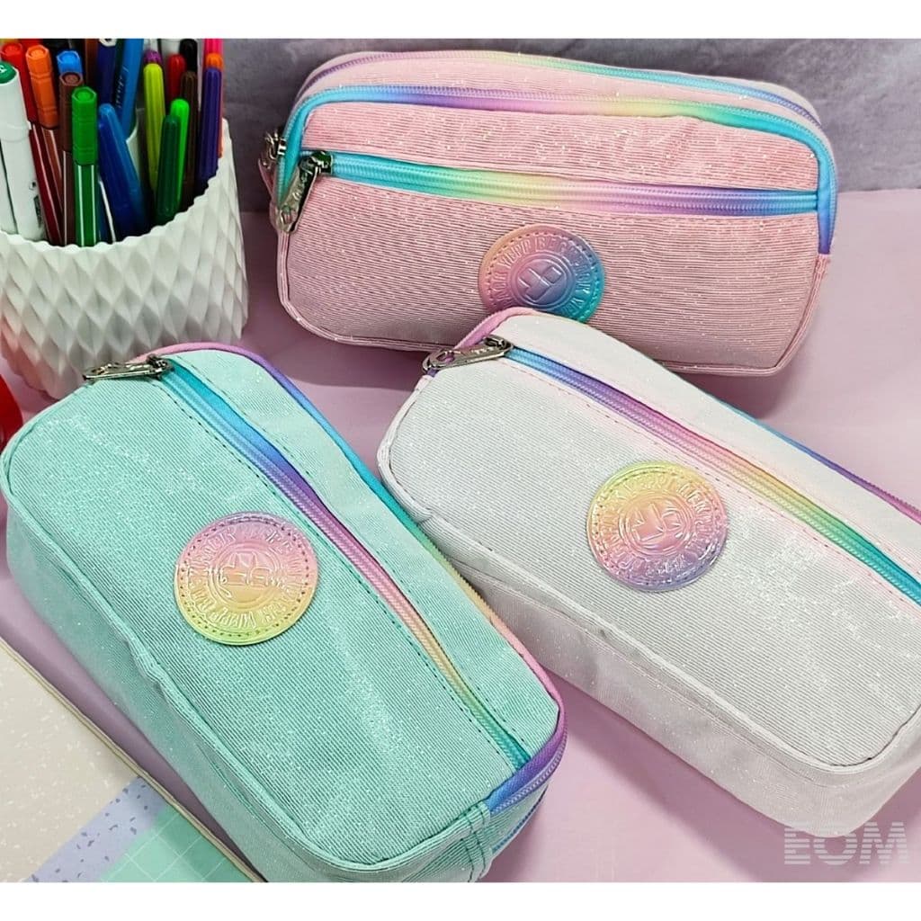 Estojo Penal Escolar Triplo com 3 Zíperes Candy Colors Brilhos Glitter Tons Pasteis Rosa Azul e Rosa Bebê