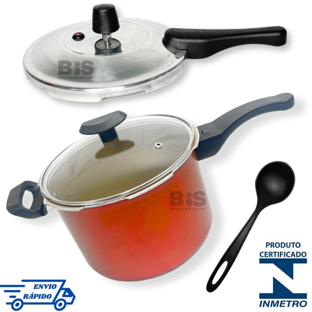 Panela de Pressão Antiaderente Fechamento Externo 4,5L Teflon Vermelha + Tampa de Vidro + Concha
