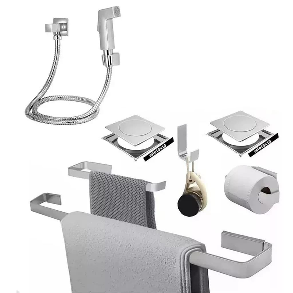 Kit Banheiro Cromado com Ralos click tipo 10x10 e Ducha Higiênica