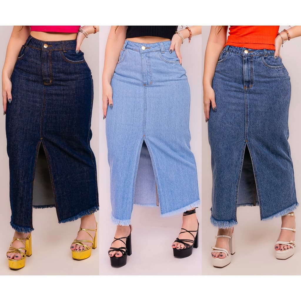 Saia Jeans Moda Feminina Longa Midi Moda Evangélica Com Fenda na Frende Blogueira