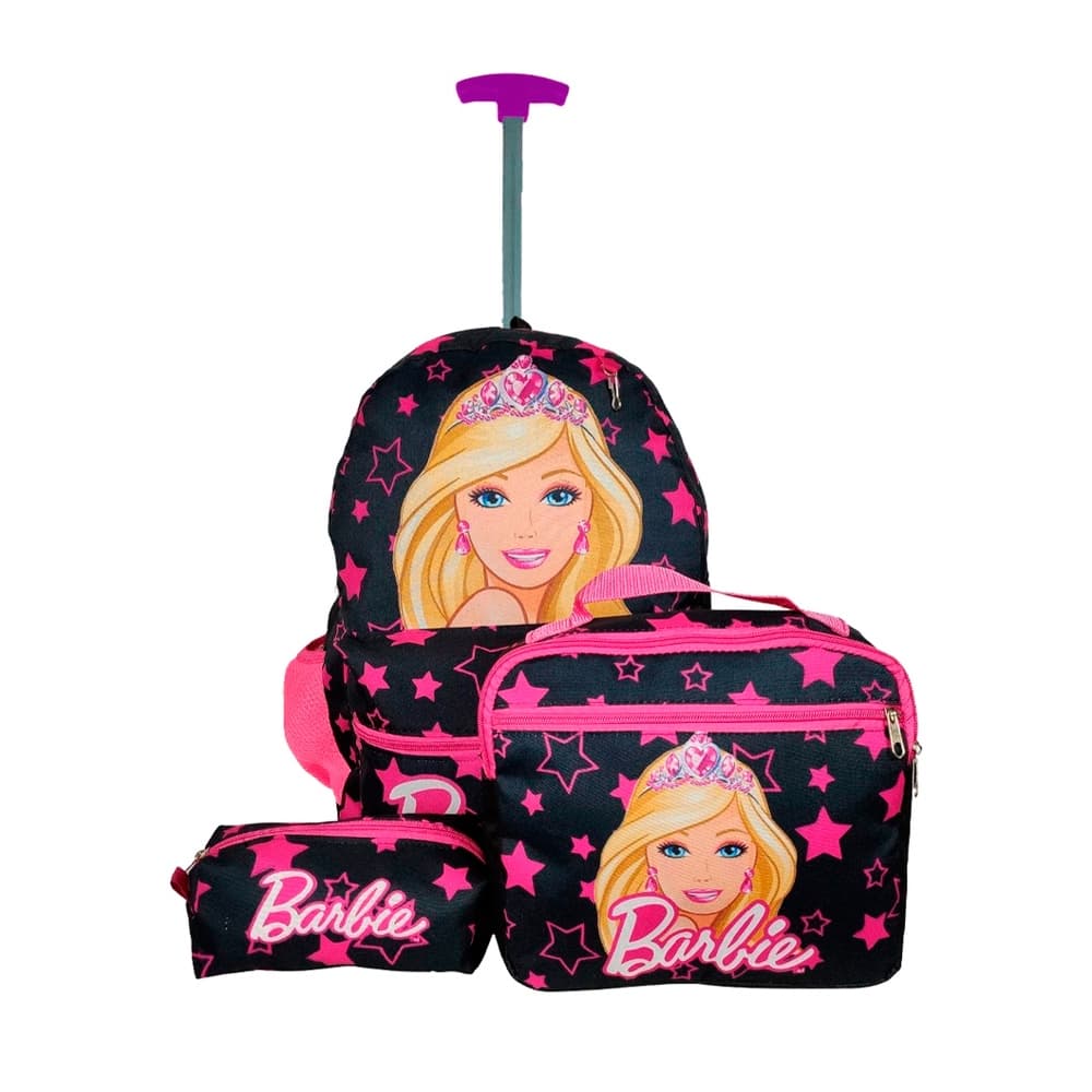 Kit Mochila Barbie com Rodinhas + Lancheira Térmica + Estojo Escolar