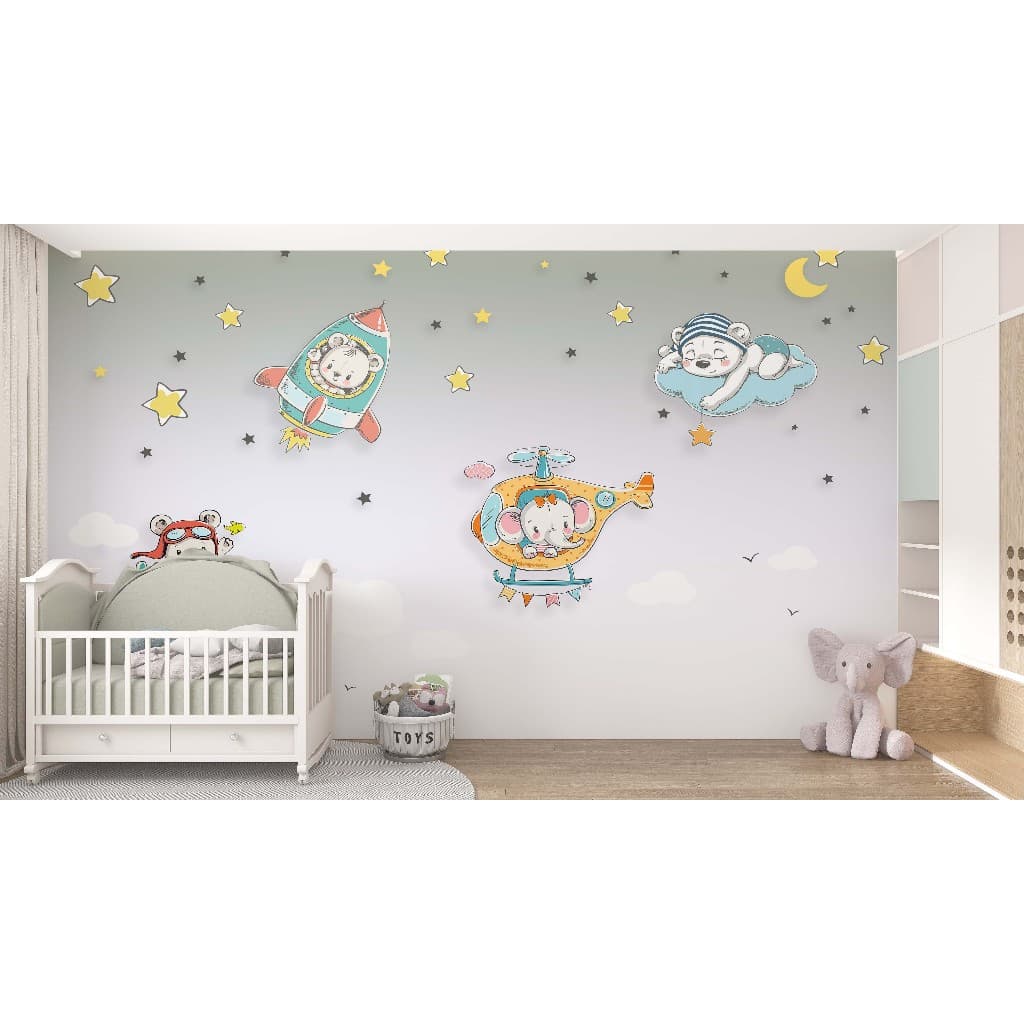 Papel Parede Vinílico Lavável Infantil Quarto Bebe Estrelas Ursinho Elefantinho Nuvem Tamanho GRANDE