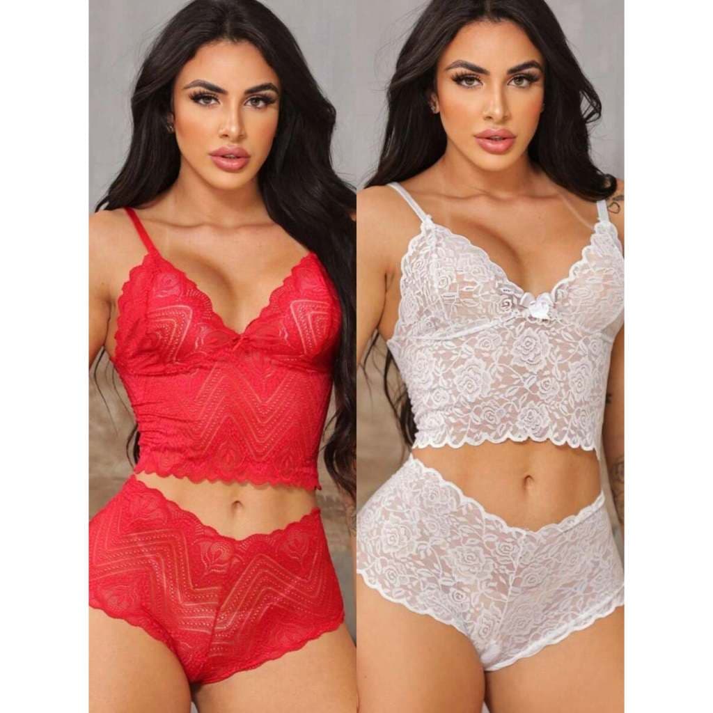Kit 2 Conjunto Renda Espera Marido Feminino Sensual Luxo shortinho Caleçon Promoção