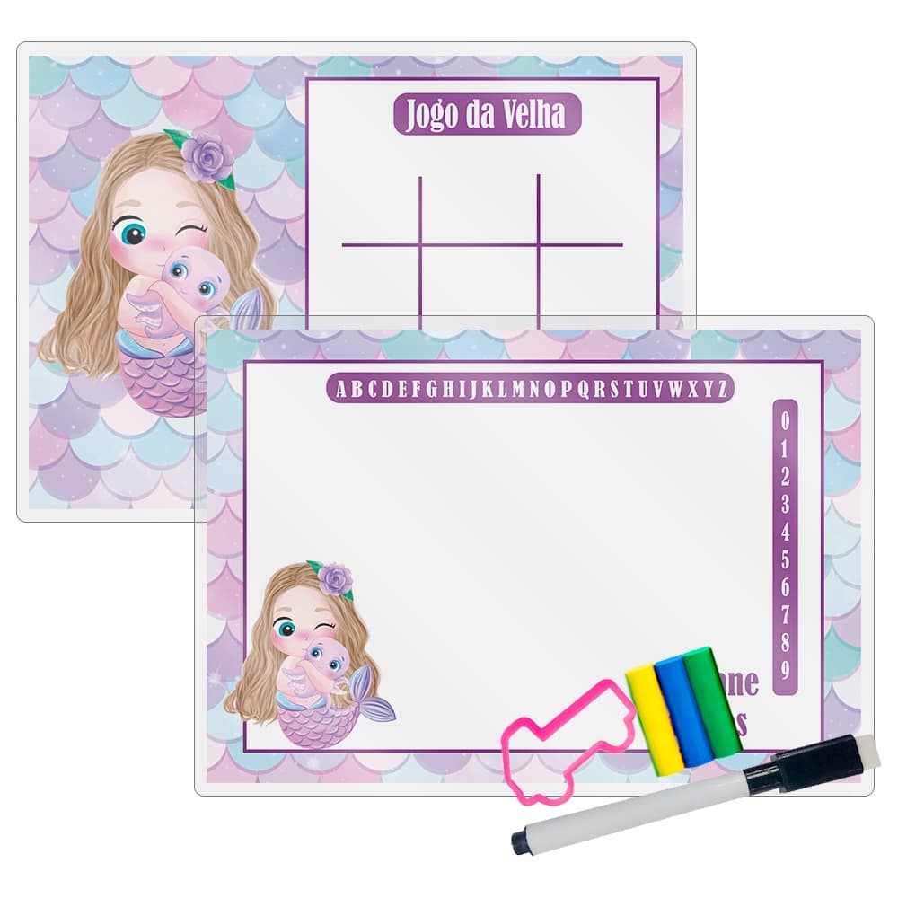 10 Lembrancinhas Festa Infantil Lousa Mágica + Caneta + Kit Massinha Personalizada Tema Sereia