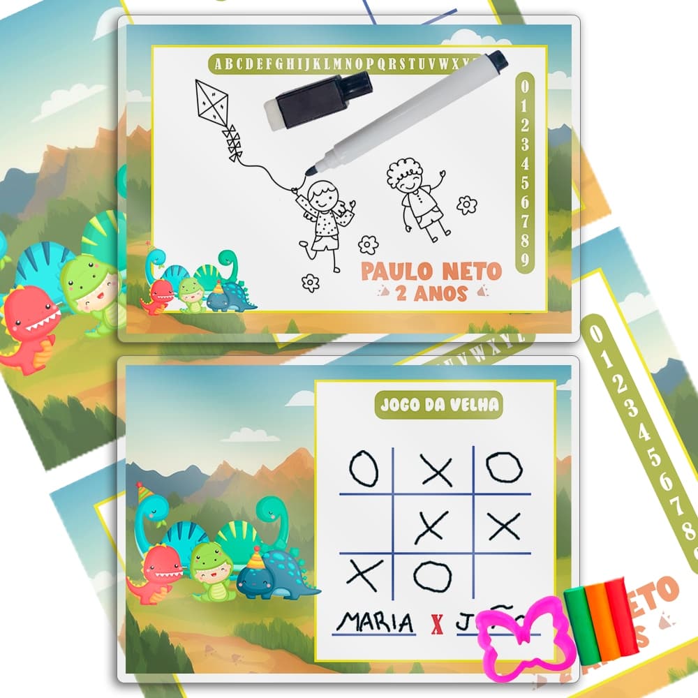 10 Lembrancinhas Festa Infantil Lousa Mágica + Caneta + Kit Massinha Personalizada Tema Dino Baby