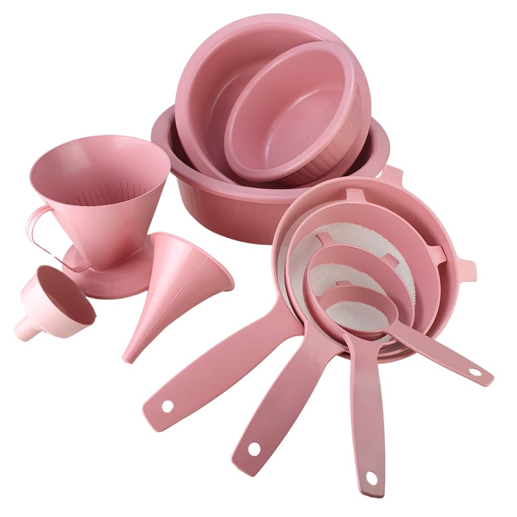 Conjunto Utensílios de Cozinha Rosa 10 Peças - Peneiras, Bacias, Funil e Filtro