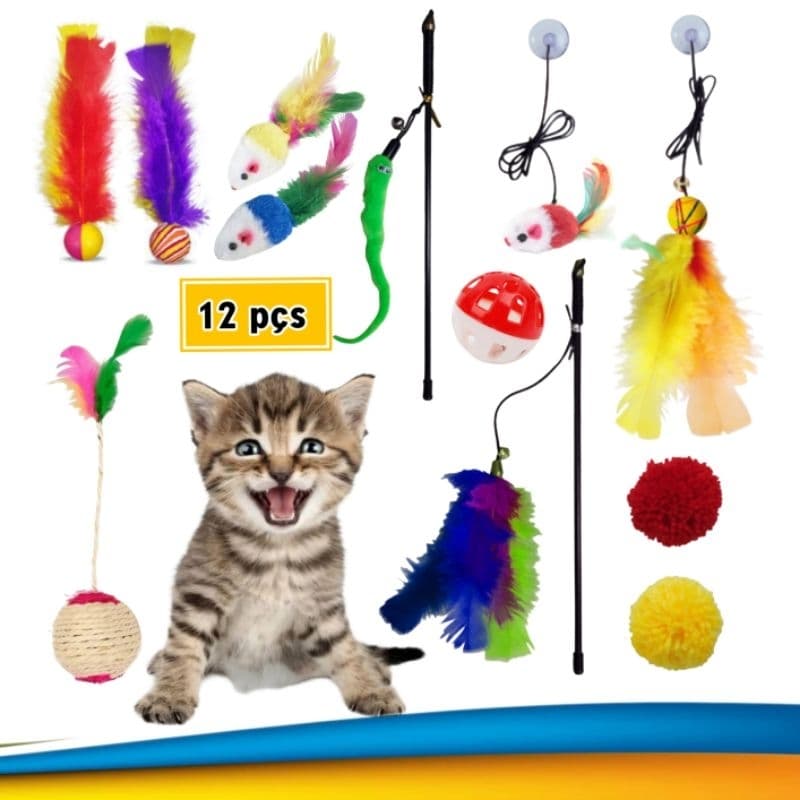 kit 12 Brinquedos bolinha,varinha,ratinho com penas para gato
