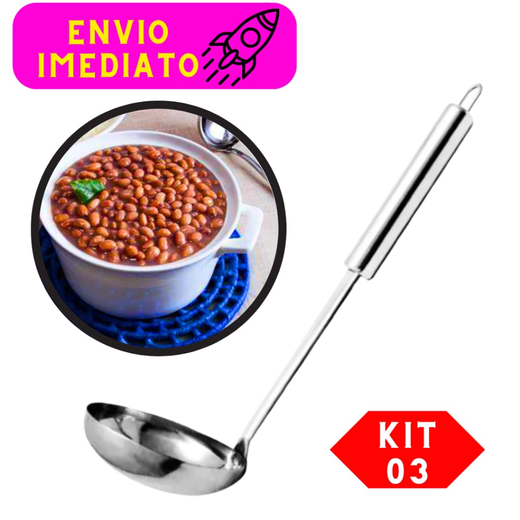 Kit 03 Conchas Inox Reforçada Cabo Grosso Aço Inox Utensílio de Cozinha Alta Qualidade Durabilidade