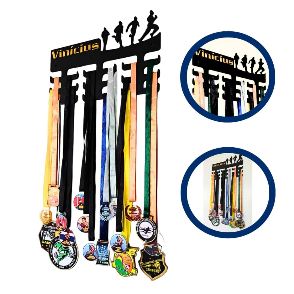 Porta Medalhas Personalizado MDF Vazado Corrida Masculino Feminino Unissex Preto