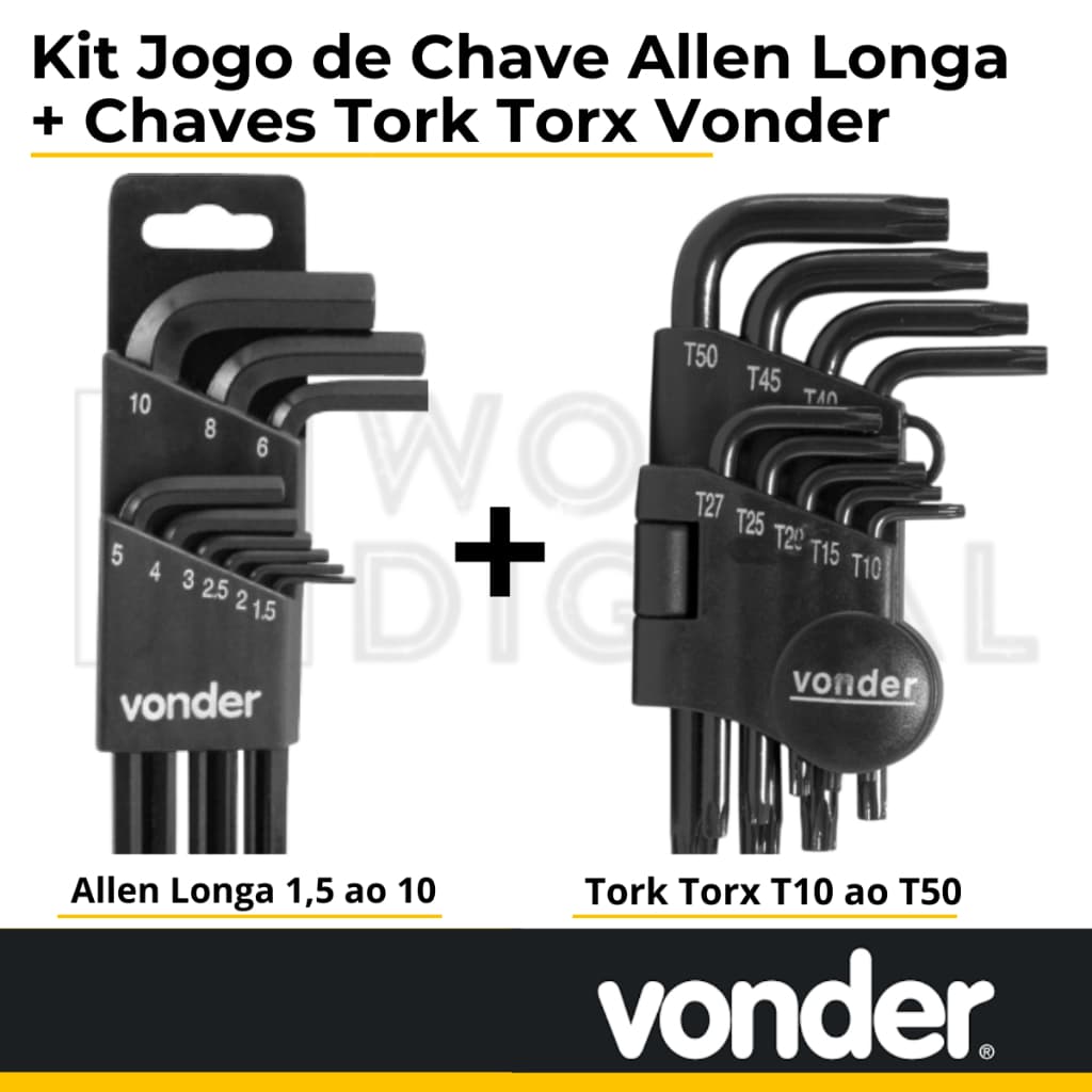 Kit Jogo de Chave Allen Longa + Chaves Tork Torx T10 ao T50 Vonder