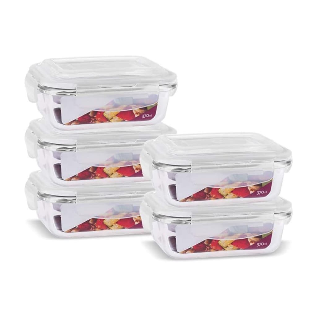 Kit 5 Potes de Vidro 370 ml Hermético Marmita Fit com Tampa 4 Travas