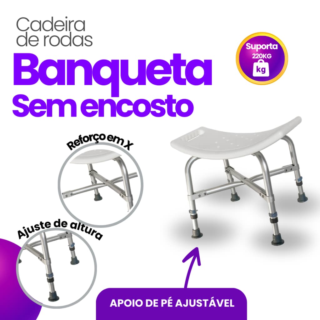 Banqueta Banho Banheiro Higiênica Ortopédica Sem Encosto 220kg Antiderrapante Aluminio Simples Alça