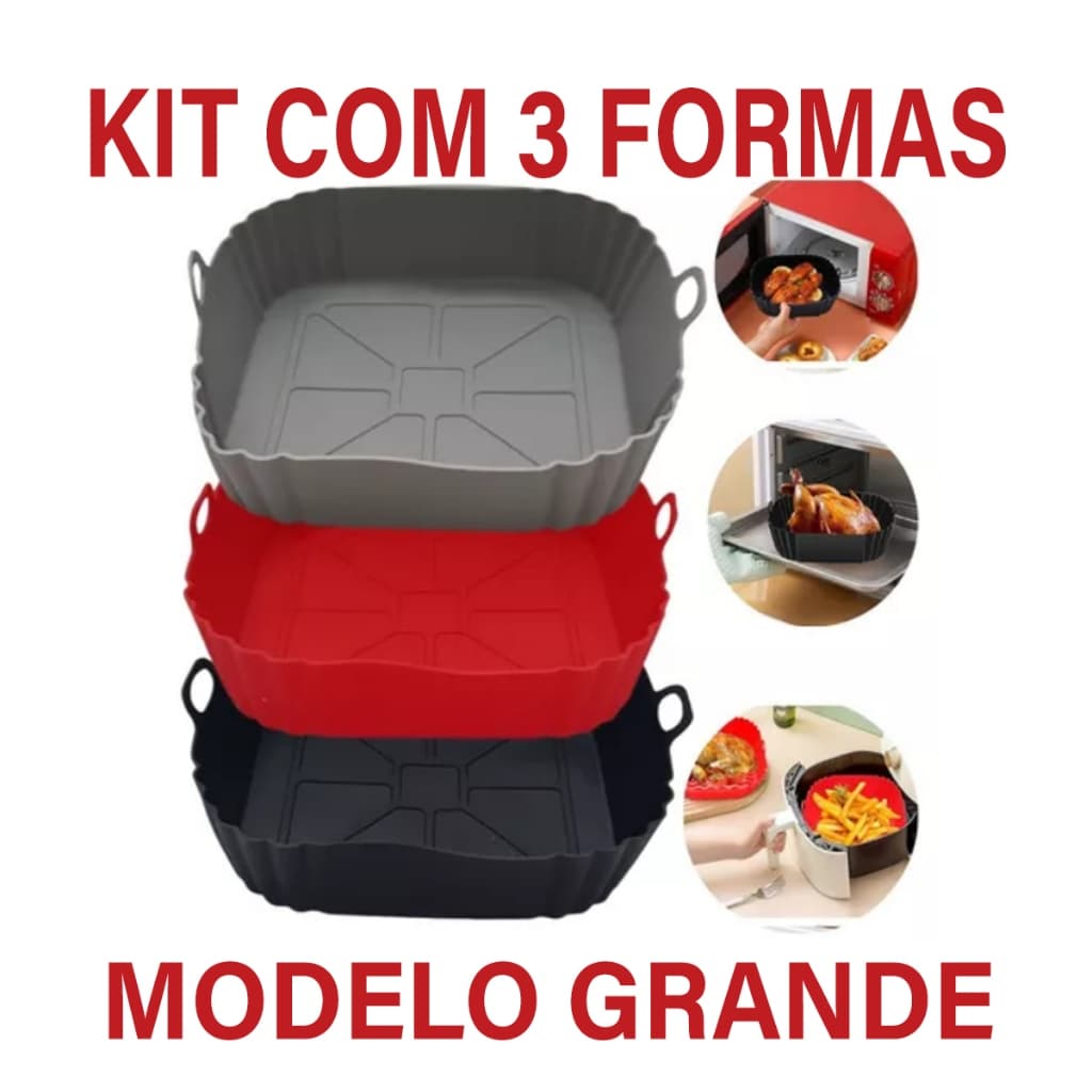 KIT 03 Formas de Silicone GRANDE Quadrada Antiaderente Assadeira Air Fryer e Forno Forma