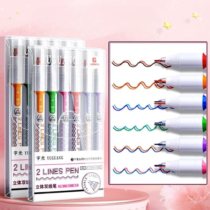 Kit 1/2/3 Pacotes com 6 Peças De caneta com dupla linhas 3D magica e tintas diferentes