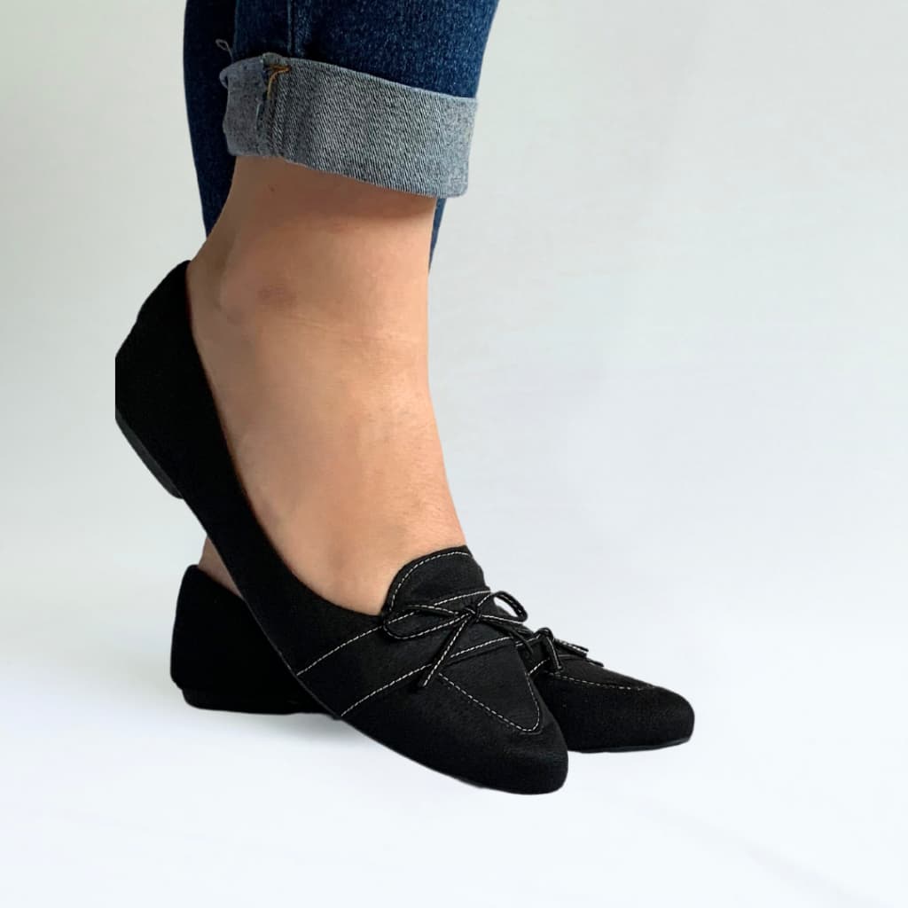Sapatilha Mocassim Feminina Confortável Bico Fino Preto Laço Infinito Preta Elegante