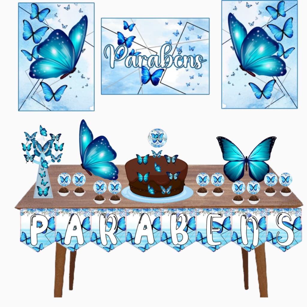 Kit decoração aniversario festa em casa só um bolinho borboleta azul monta facil