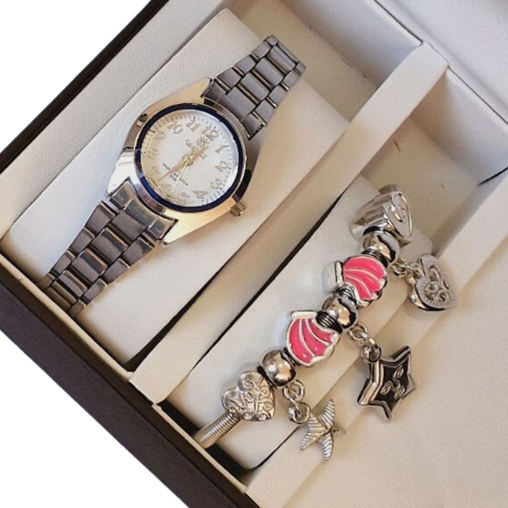 Relógio Infantil meninas Analógico Dourado Prata + Pulseira Infantil com pringentes -  Presente Dia das Crianças, presente para meninas