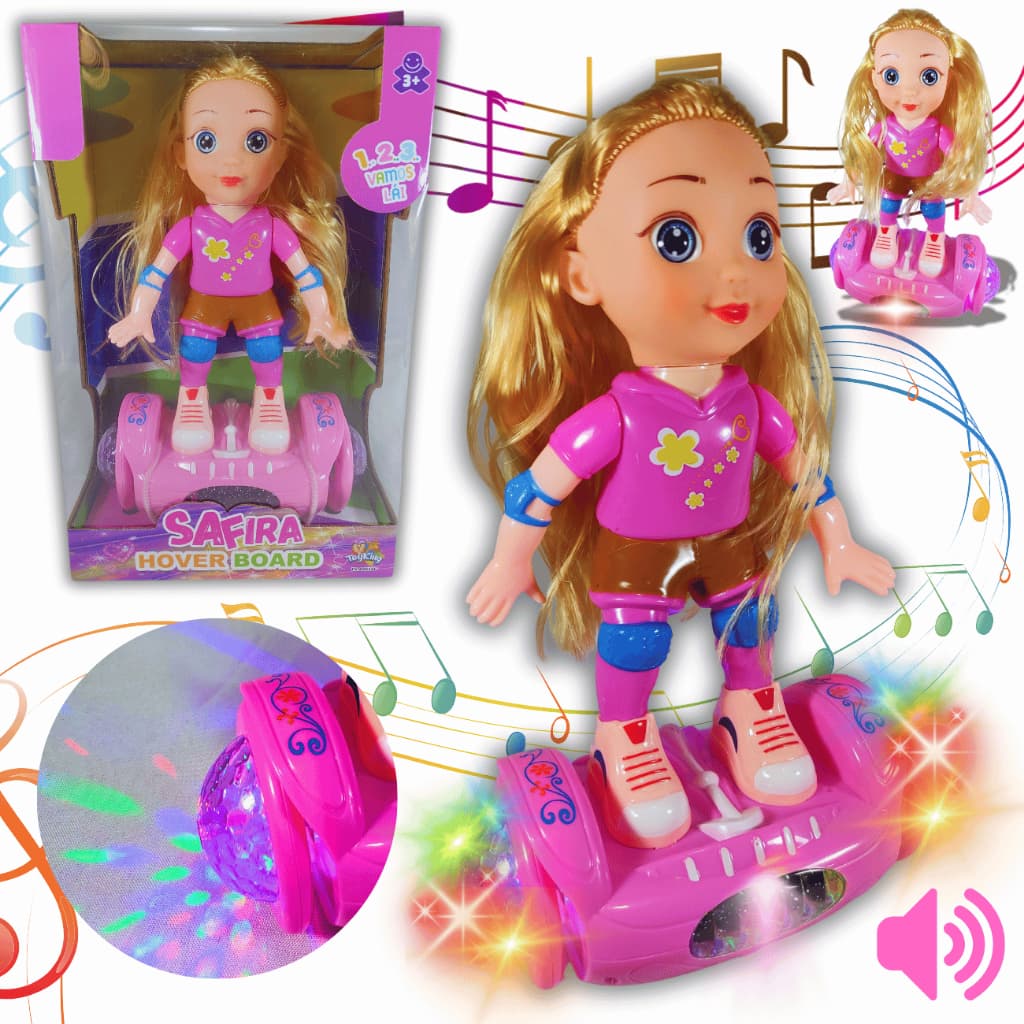 Boneca Dance Hoverboad Skate Patinadora C/ Musicas e Luzes Bate e Volta Giratótia 360 graus Lovely