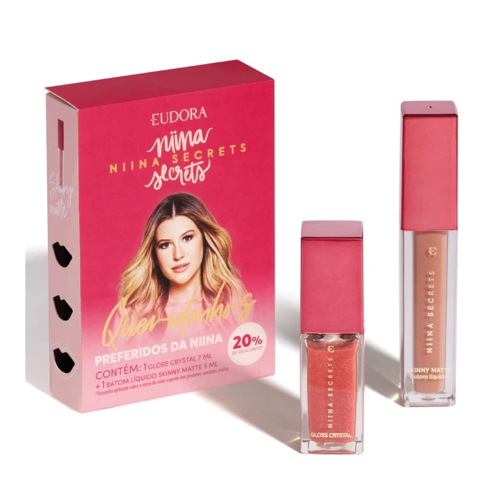 Kit Queridinhos da Niina: Batom Líquido Matte Rose Gardênia 5ml + Gloss Crystal Rubi 7ml