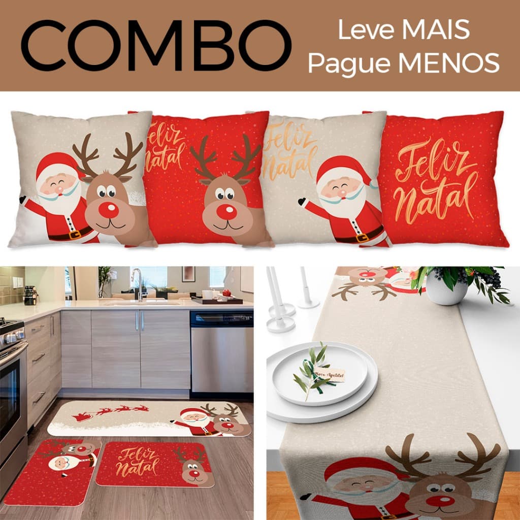 COMBO FELIZ NATAL: KIT 04 CAPAS DE ALMOFADAS PAPAI NOEL + KIT 3 TAPTES DE COZINHA FELIZ NATAL + TRILHO DE MESA NATALINO