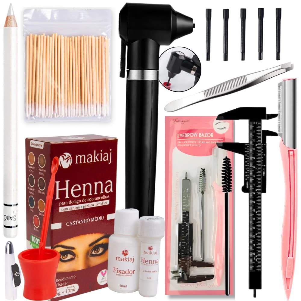 Kit Design de Sobrancelha Makiaj Henna Navalha Pinca Lapis Pincel Paquimetro Kit Sombrancelha