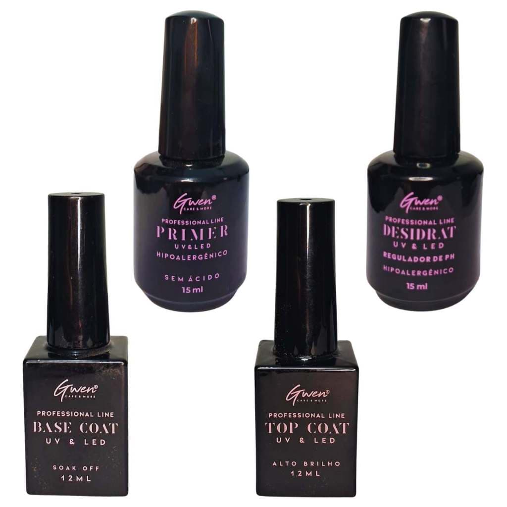 Kit Aderência de Alongamento de Unhas - Desidratador, Primer, Base Coat, e Top Coat