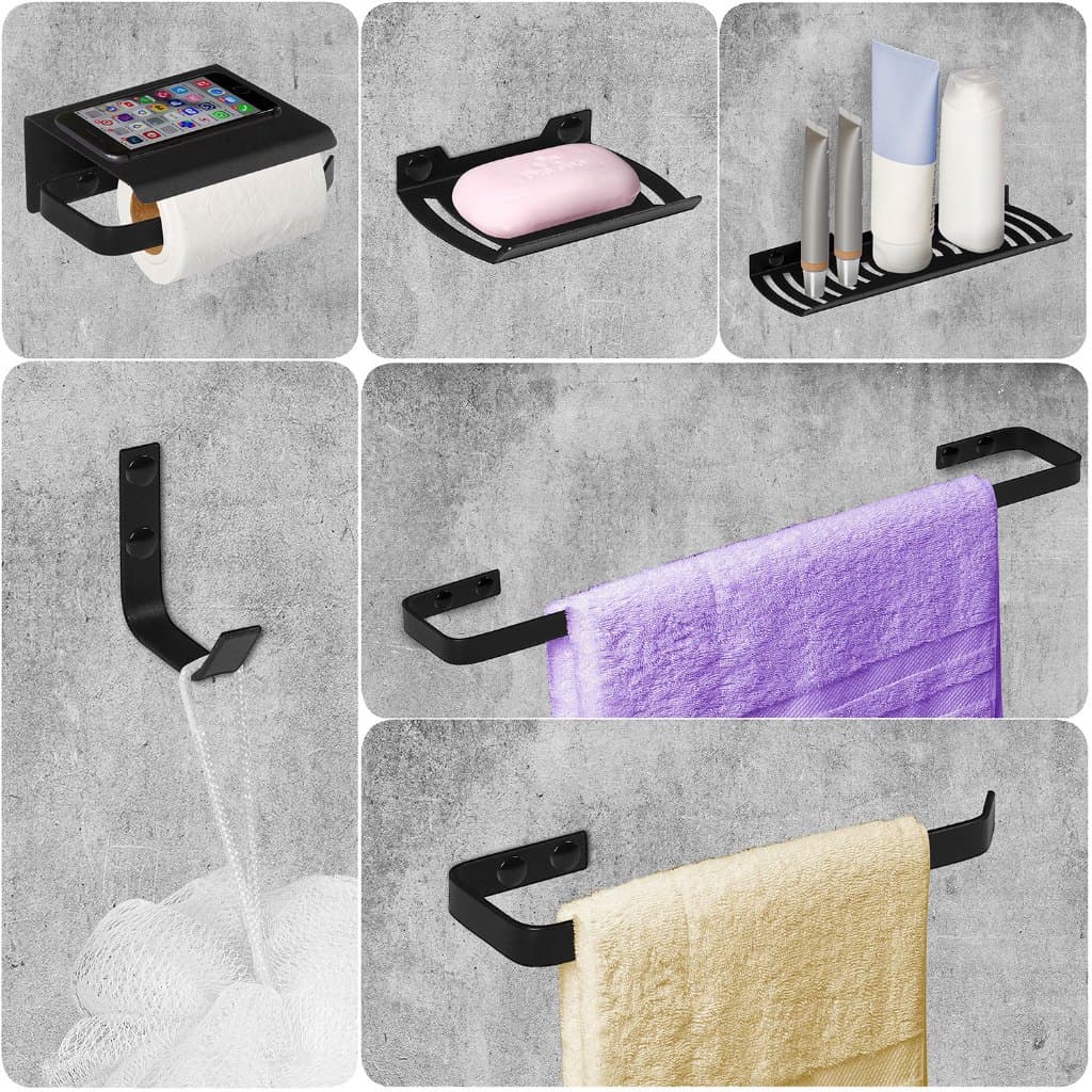 Kit  Acessórios e Conjunto Para Banheiro Preto 7 Peça Metal Premium