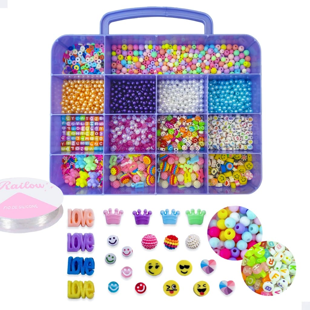 Kit Miçangas Infantil Coloridas 2900 Pçs  Fazer Pulseira Colar Brinco Missangas Meninas+Silicone 10M