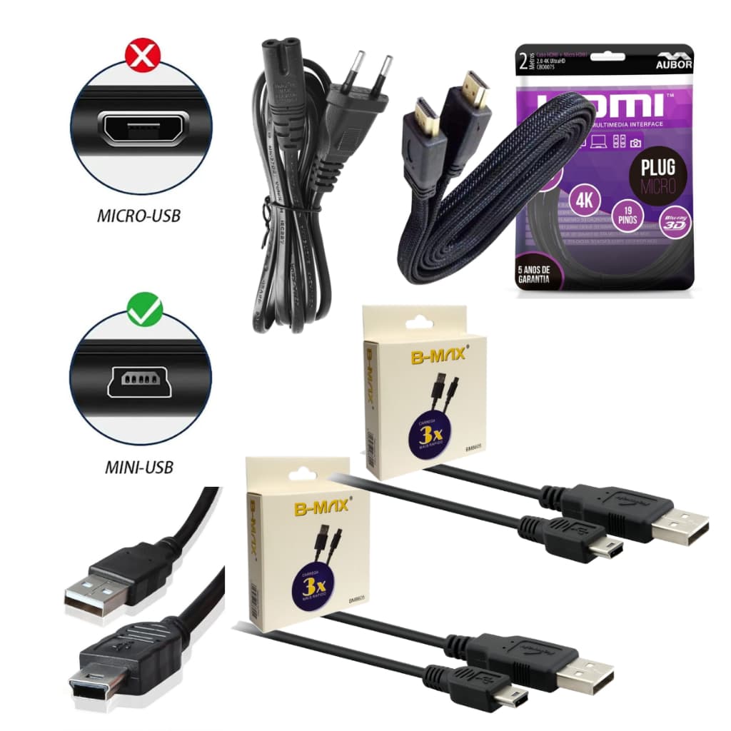 Kit Acessórios Ps3 Cabos Para Consoles Playstation 3 Cabo Força + Cabo HDMI + 2x Cabos V3 Para Controle Ps3
