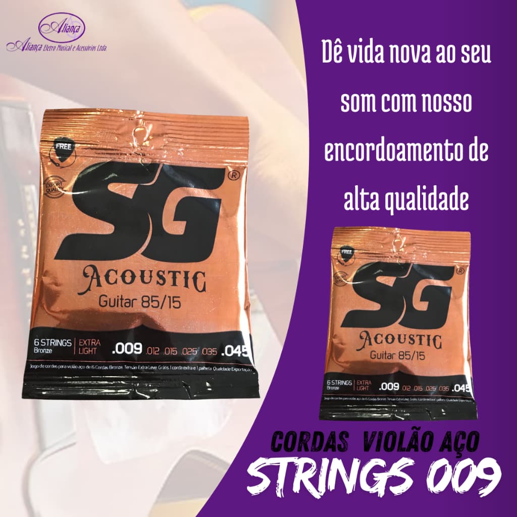 Encordoamento para Violão Aço SG Strings 009 com Bolinha Bronze Tensão Extra Leve