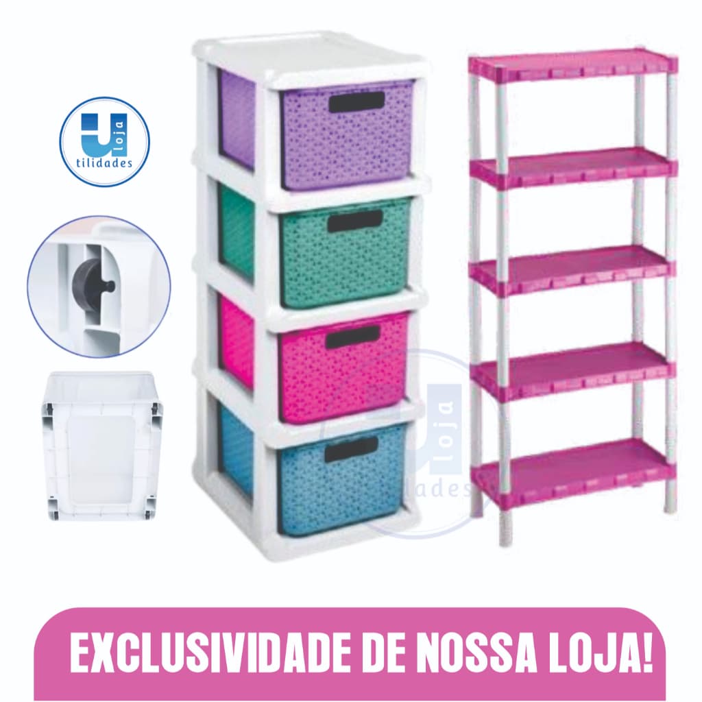 Kit Estante 5 Prateleiras com Pezinhos e Gaveteiro Organizadora Multiuso Utilidades Modular Plástico