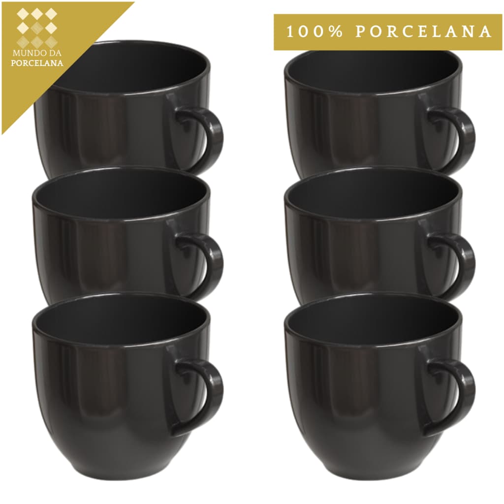 Kit 6 Xicara Cafe Cha Porcelana 95ml Preta Preto Chicara Varias Cores