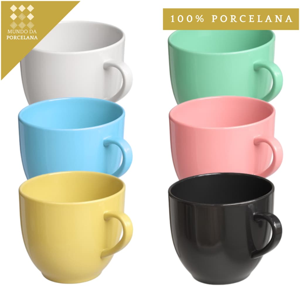 Jogo 6 Xicara Café Colorida 95 ml Porcelana Mundo da Porcelana Lar Decoração