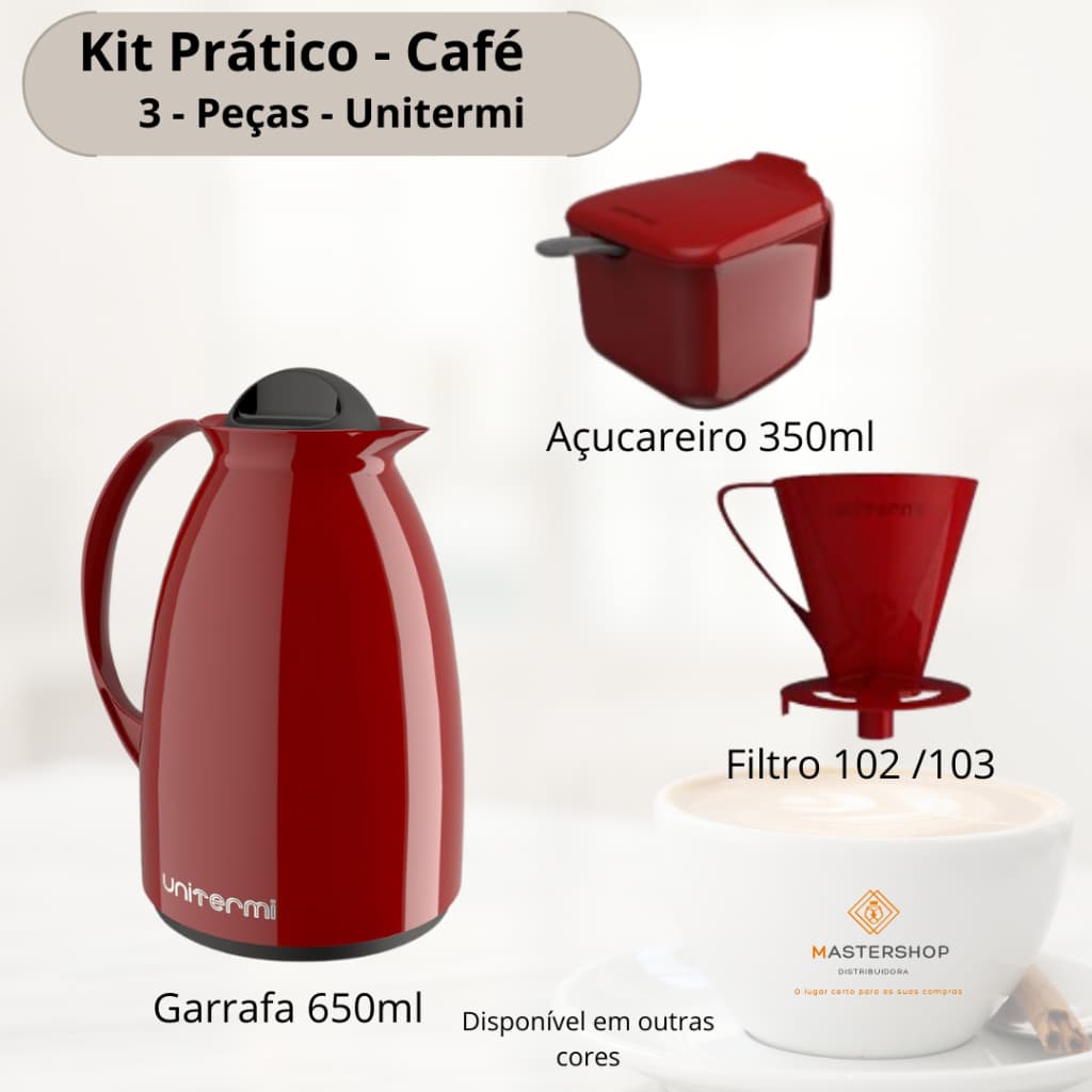 KIT Garrafa Térmica Café Água Chá 650ml Florença + Suporte para Filtro de Café + Açucareiro e Colherzinha Unitermi