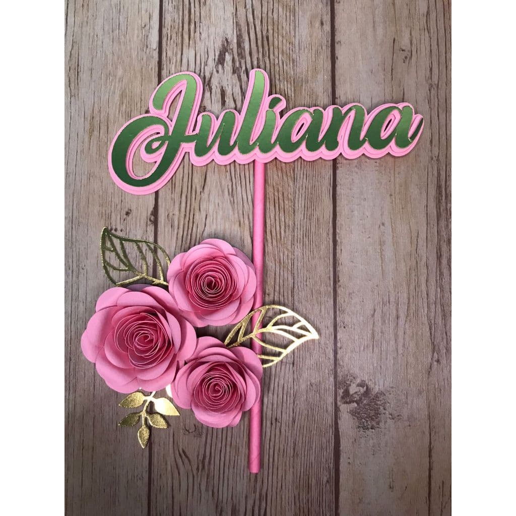 Topo topper de bolo com nome e flores personalizados