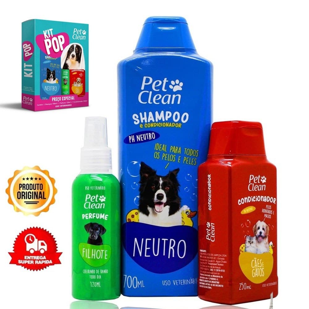 Kit Banho Pop Pet Clean 1 shampoo + 1 perfume + 1 condicionador Cães Gatos Pet Clean