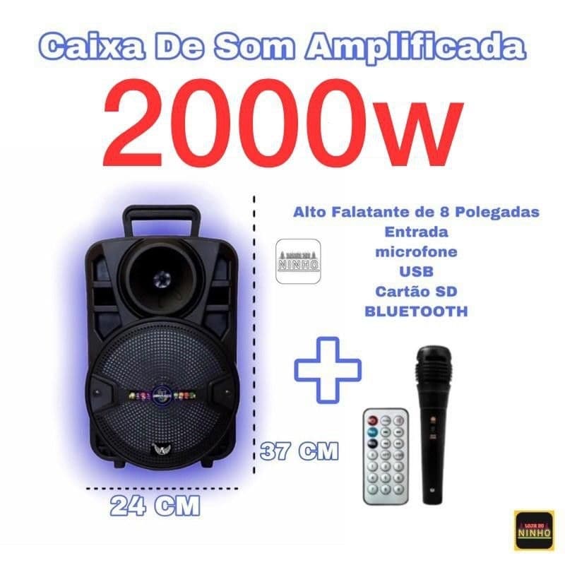 Caixa de Som Amplificada 2000W PMPO microfone Karaokê Bluetooth Rádio FM entrada para pendrive Cabo USB