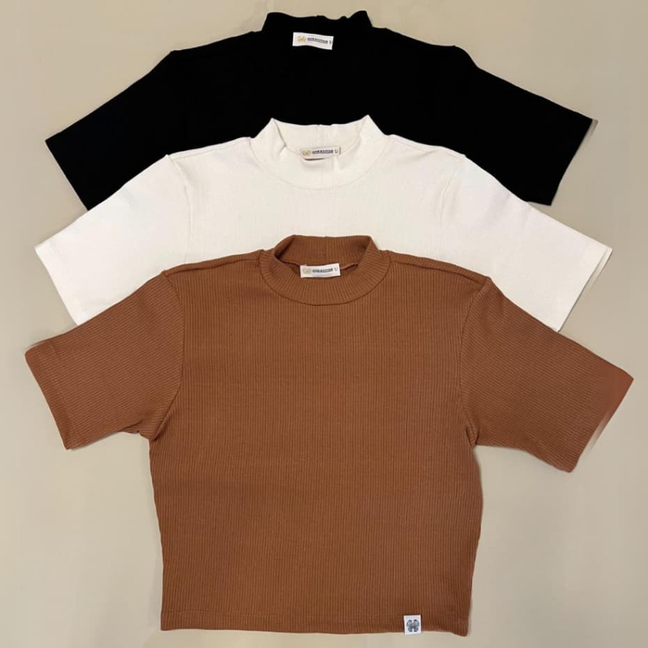 Kit 3 Blusa Feminina Canelado Gola Alta Manga Curta Malha Ribana Dia a Dia CORES SORTIDAS