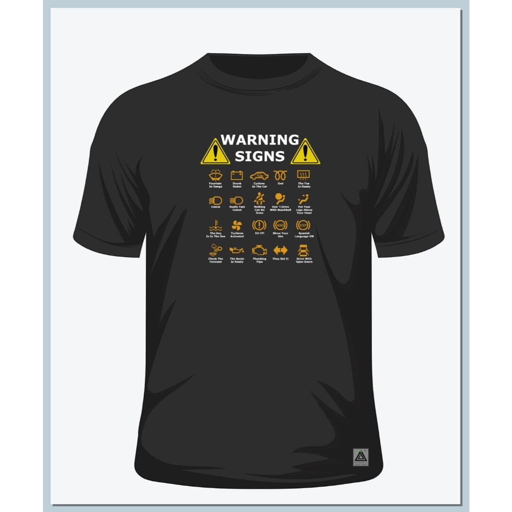 Camiseta com Estampa Exclusiva CAR Signs sátira sinais de alerta no painel ELITEDELTA T-SHIRT confeccionada em algodão