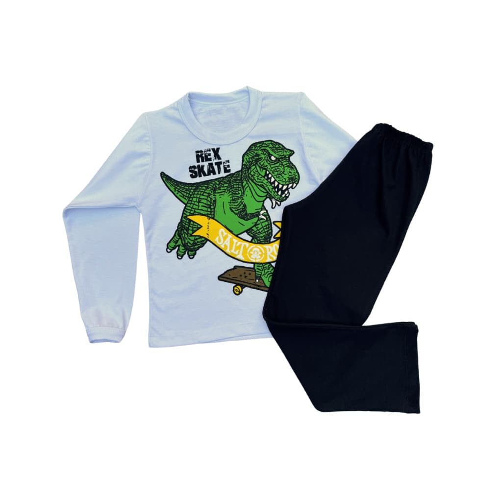 Conjunto Pijama manga comprida infantil menino dinossauro de skate