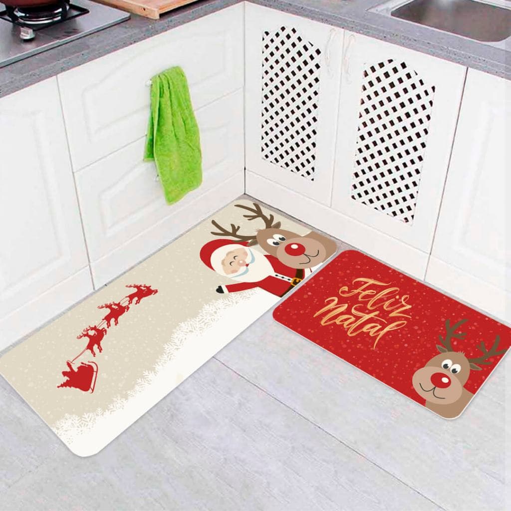 Jogo de 2 Tapetes para Cozinha Natal Feliz Natal Antiderrapante.