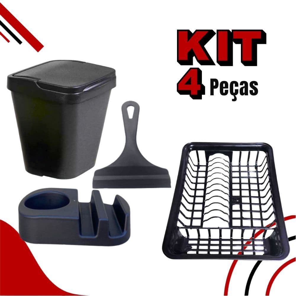 Kit Cozinha PRETO Porta Detergente / Rodo de Pia / Lixeira + Escorredor de Louça Area Gourmet